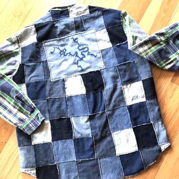 Upcycled Patchwork Jean Jacket, Men's XL: Lake of the Ozarks Denim Patch Shirt - Picture 3 of 14